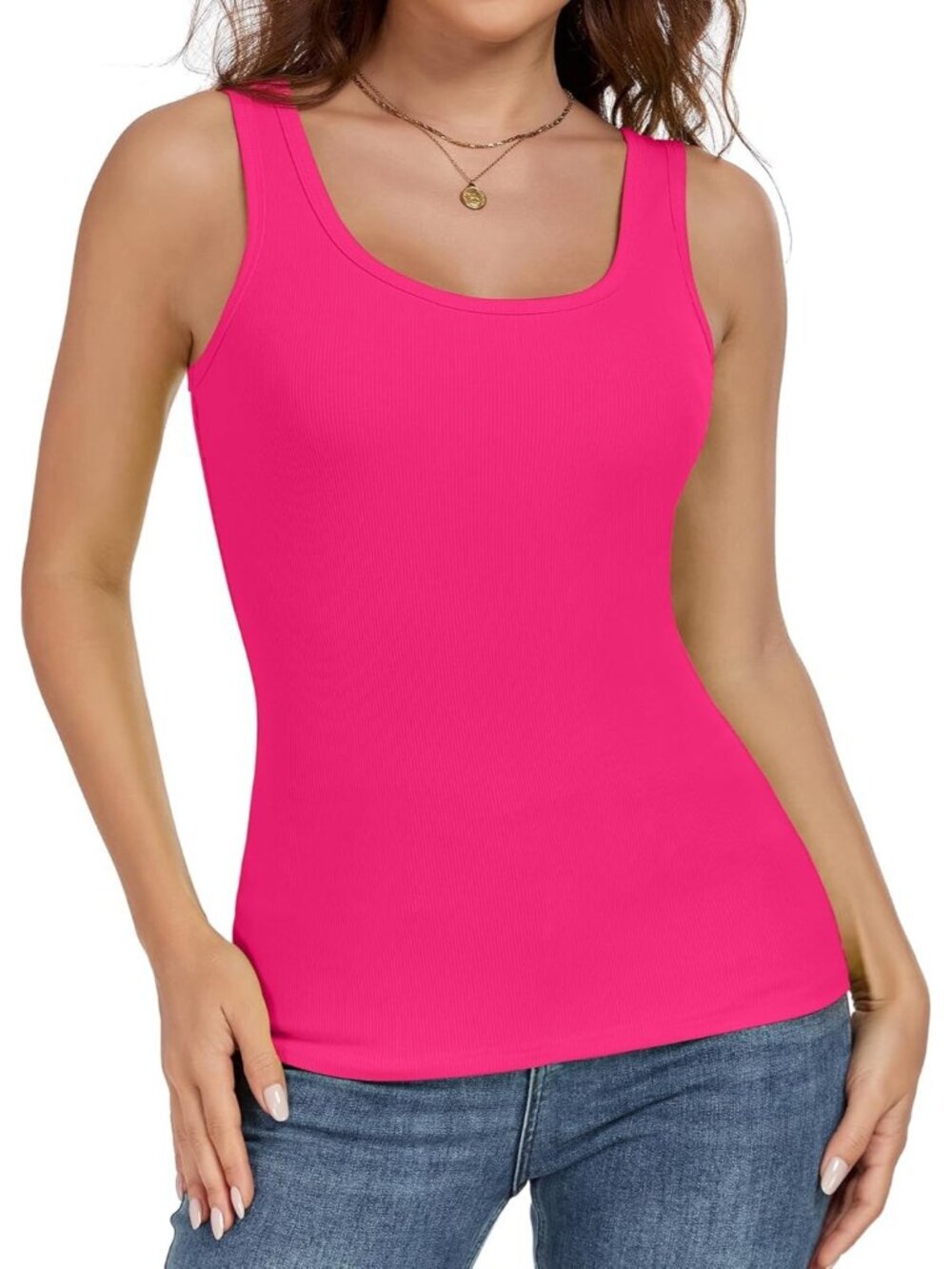 Women's Pink Fitted Scoop Neck Slim Fit Summer Sleeveless Tank Top